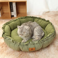 Reversible donut pet bed in grey and green colours for indoor cats and small dogs