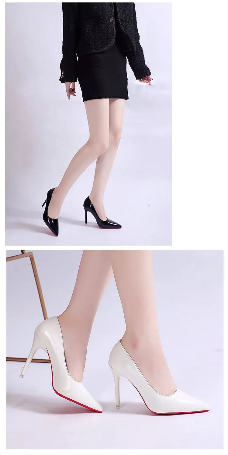 Women's black stiletto heel pumps with pointed toe and shallow mouth design