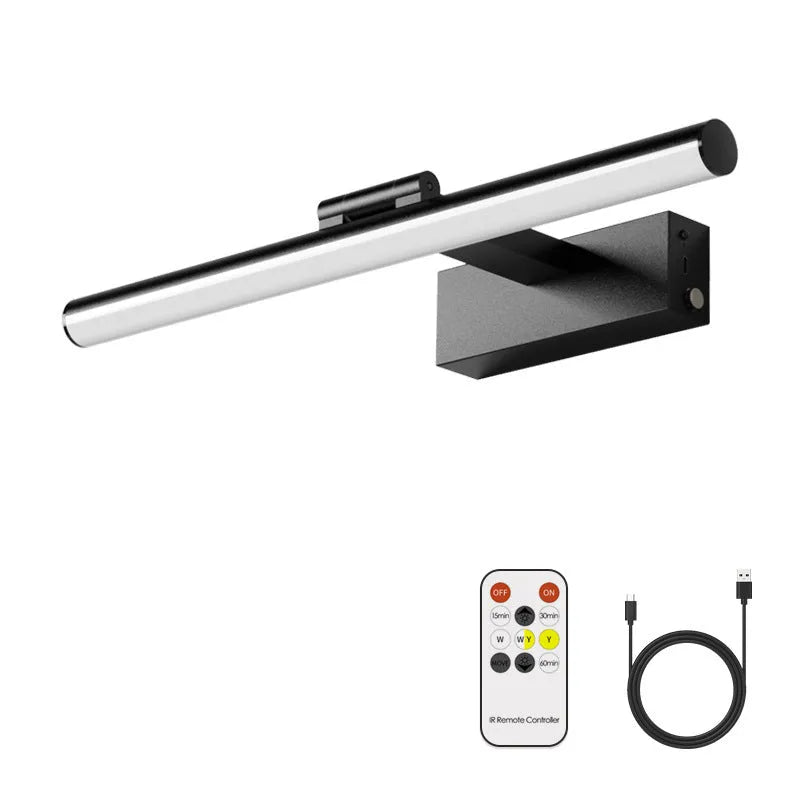 Wiring free rechargeable mirror headlight in black metal with remote control 400mm USB
