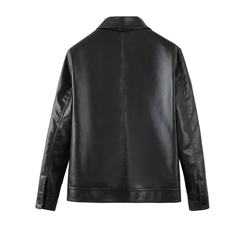 Men's black PU leather casual jacket with zipper pockets and loose fit