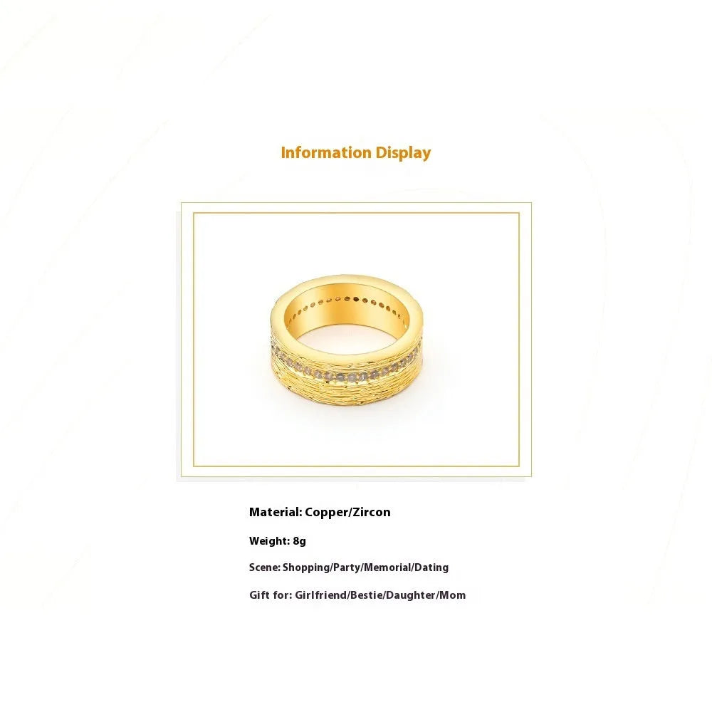 Gold geometric women's zircon ring in electroplated copper, shown in sizes 6-8