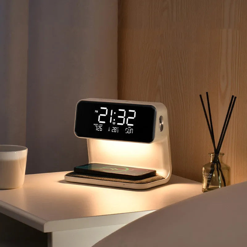White 3-in-1 bedside table lamp with wireless charging pad, LCD screen, and touch dimmer.