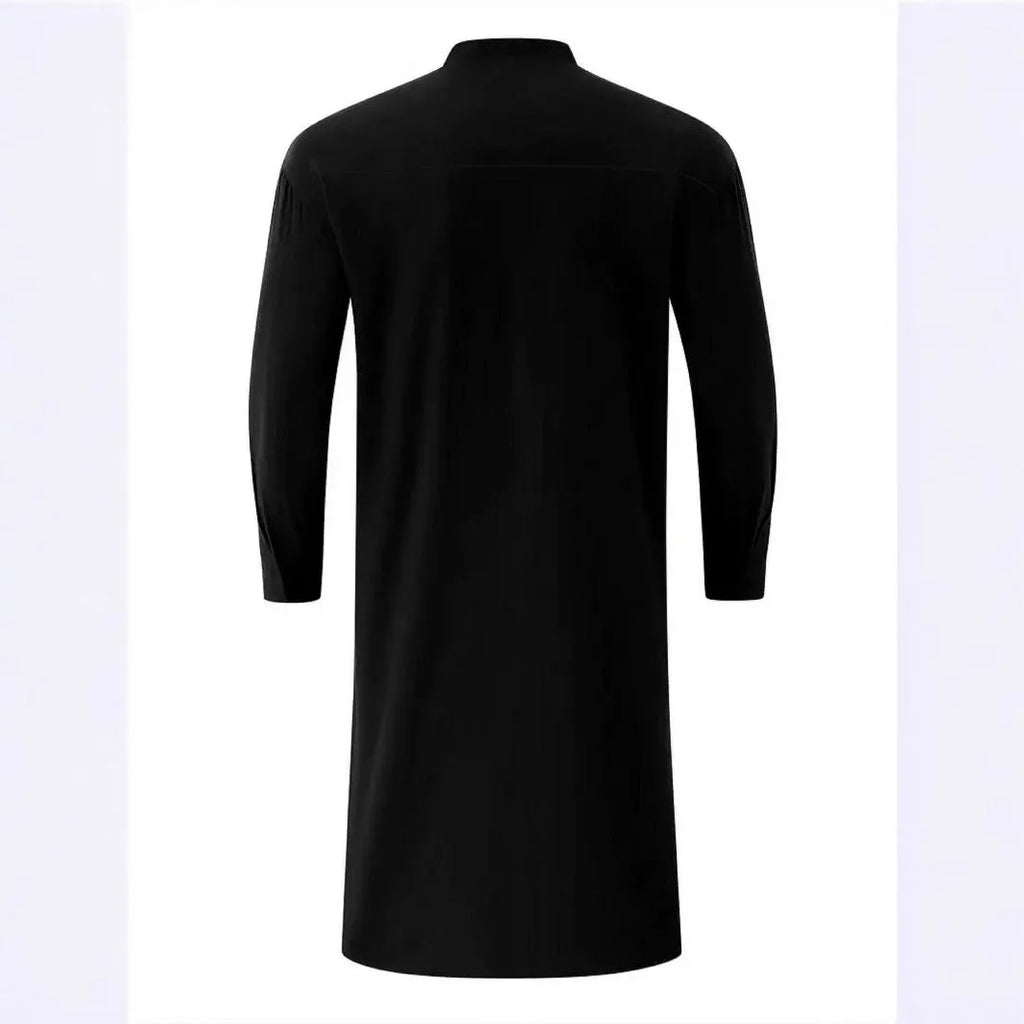 Men's black solid colour long sleeve slim fit stand collar polyester robe, sizes M to XXXL
