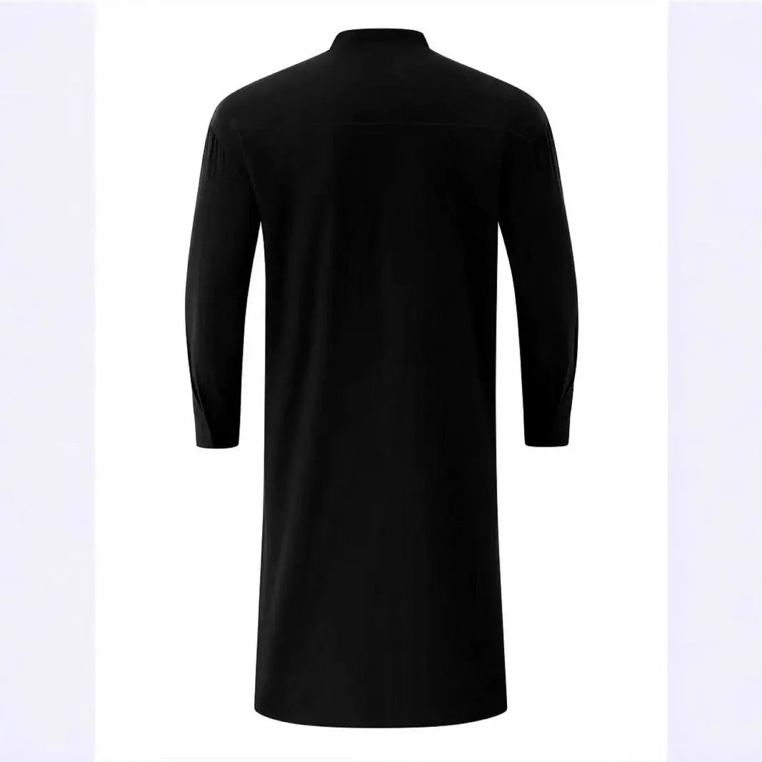 Men's black solid colour long sleeve slim fit stand collar polyester robe, sizes M to XXXL