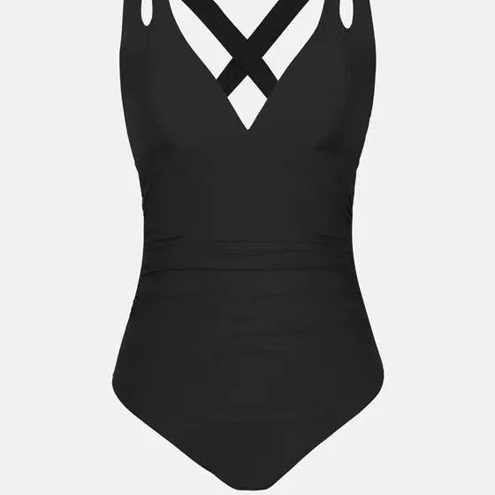 Solid colour one-piece swimsuit with cross shoulder straps showing triangle design and nylon lining details
