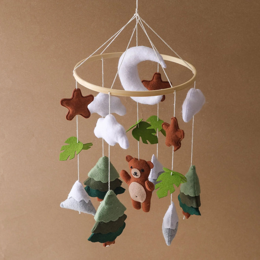 Handmade felt teddy bear bed bell for children in white, made from wood and felt, supplied in a leather paper box