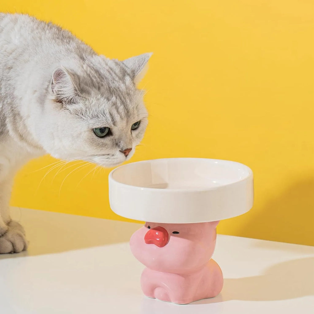 Raised ceramic cat bowl with animal design on 12.5cm elevated base