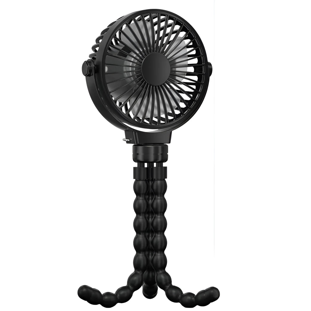 Black flexible tripod clip-on fan with 2000mAh battery, showing 3 speed buttons and 360° rotating head.