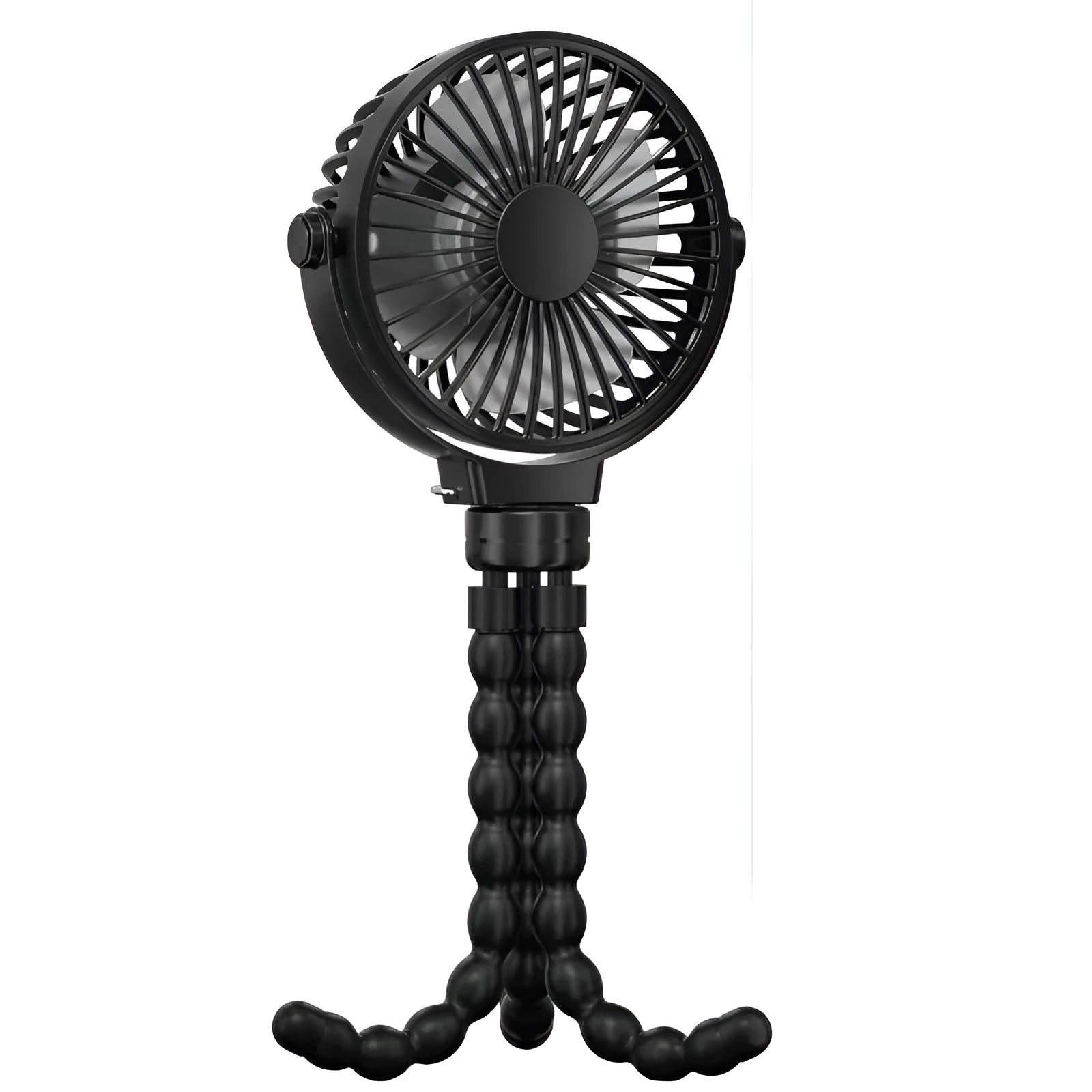 Black flexible tripod clip-on fan with 2000mAh battery, showing 3 speed buttons and 360° rotating head.