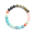 Bohemian jewellery set with colourful stone beads and tassel pendants showing necklace and bracelet pieces