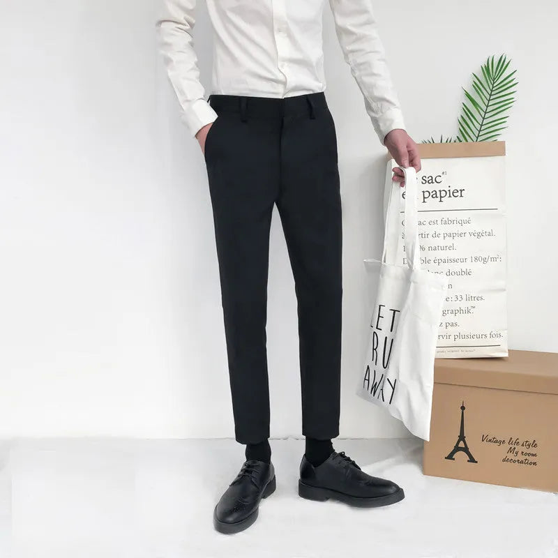 Men's Korean-style straight leg cotton pants in black, gray, or khaki with drawstring waist
