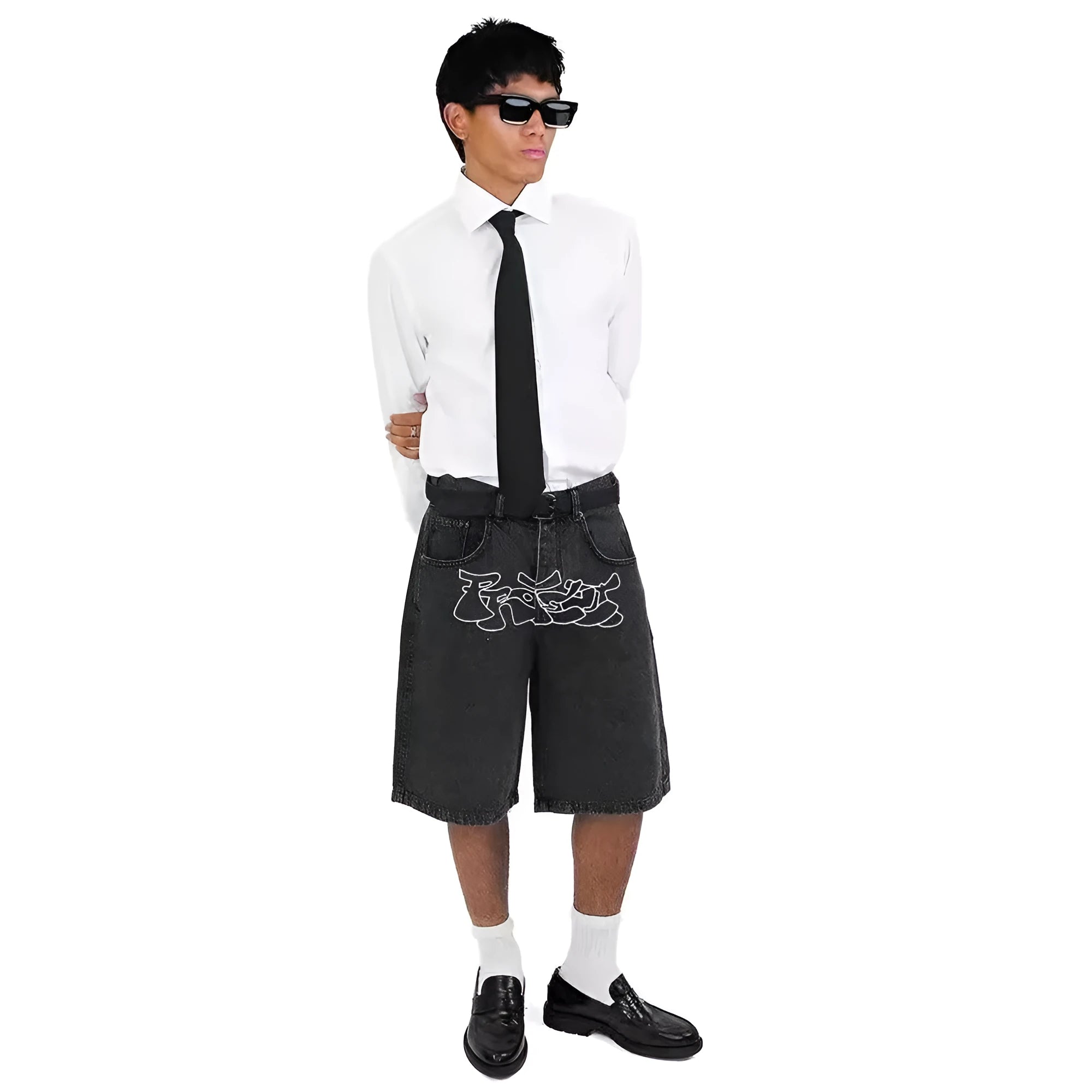 Men's hip hop style denim shorts with straight leg and micro elastic fabric