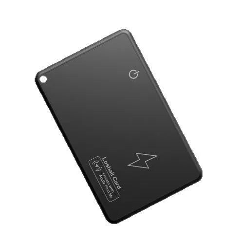 Black rechargeable Find My compatible tracking card with keychain attachment