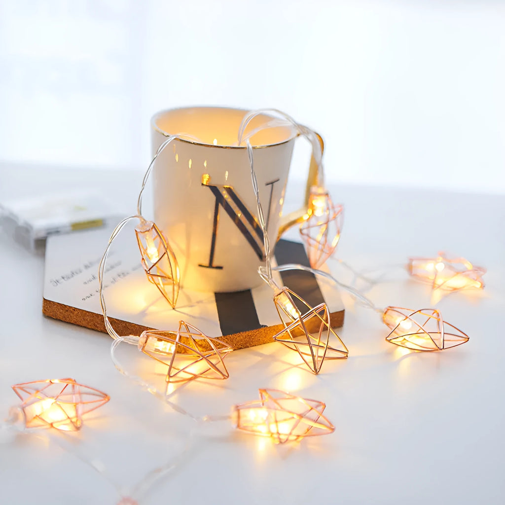Rose gold five pointed star LED lamp string with 10 lights on 1.5m wire for indoor decoration