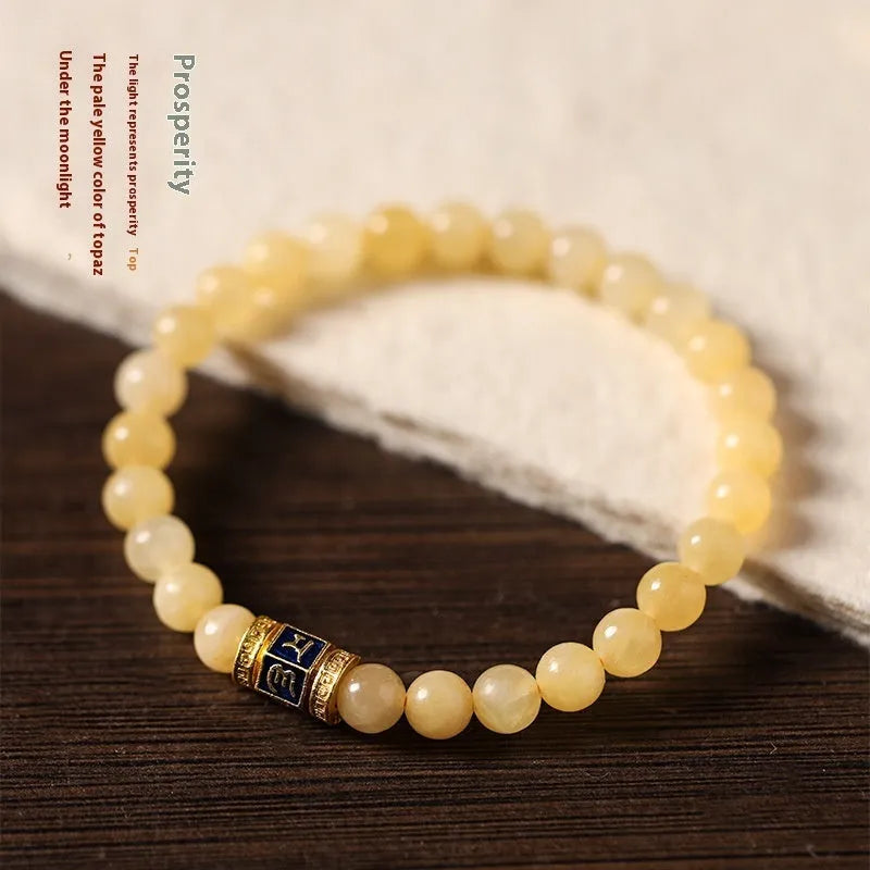Women's Topaz bracelet with six-word mantra barrel beads and square sugar jade beads