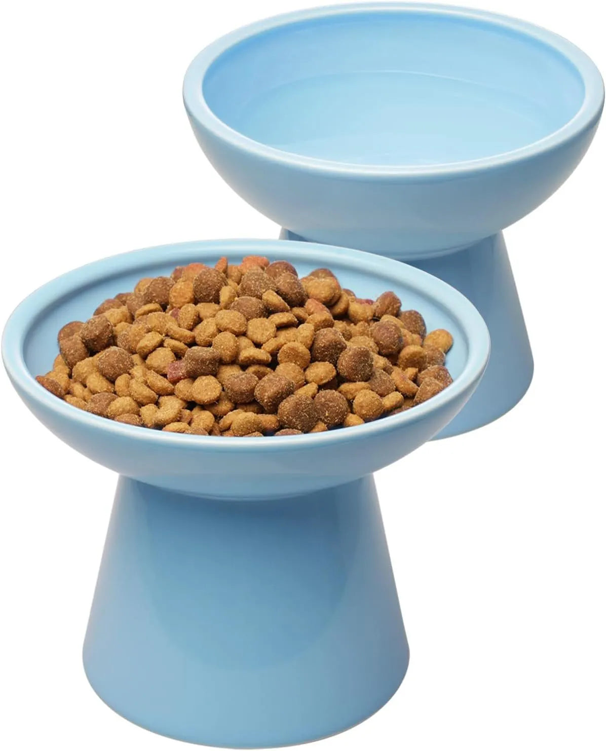 Blue elevated ceramic cat bowl with wide shallow dish for food or water.