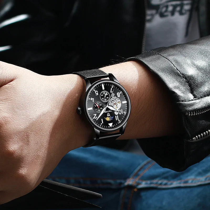Men's black mechanical watch with skeleton caseback showing movement through transparent back