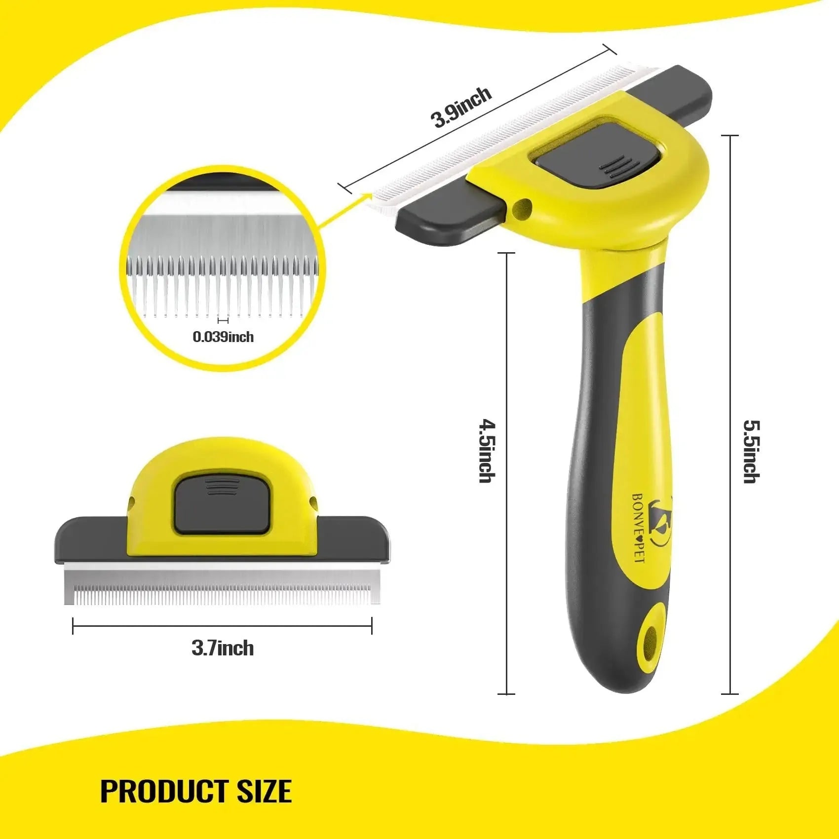 Blue or yellow dog grooming comb with stainless steel teeth and plastic handle for pet hair removal