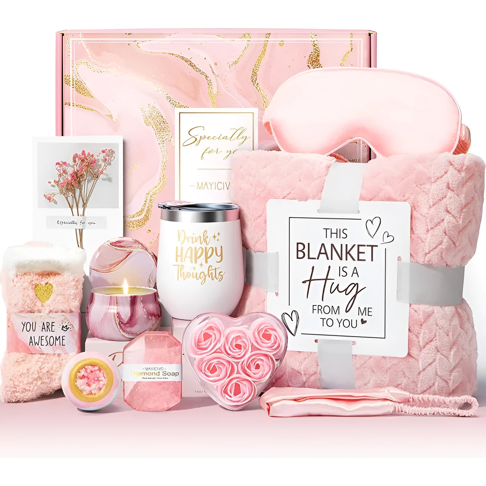 Aromatherapy bathroom gift set with candle and soap bath products in modern style packaging.