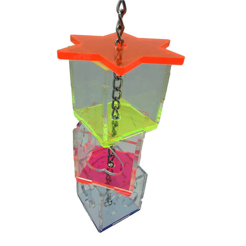 Acrylic parrot foraging toy measuring 5x5x32cm with food slots