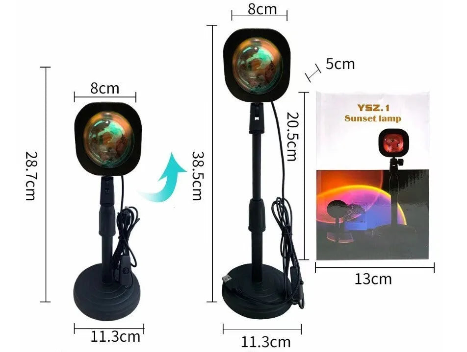 Rechargeable rainbow sunset projection lamp with USB connector showing sunset red colour projection