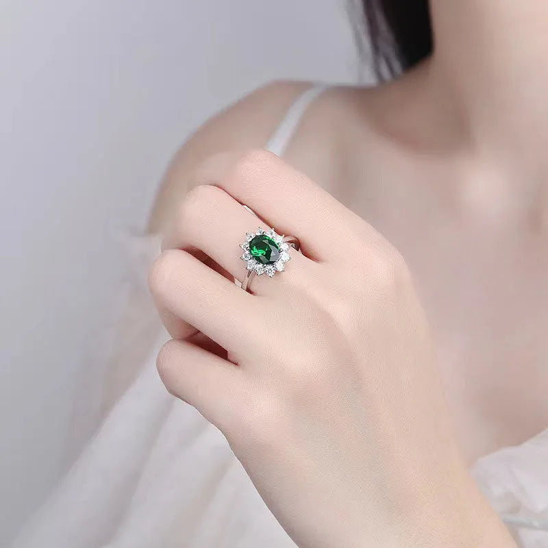Women's electroplated copper ring with zircon flower inlay in green, pomegranate red or sapphire blue colour