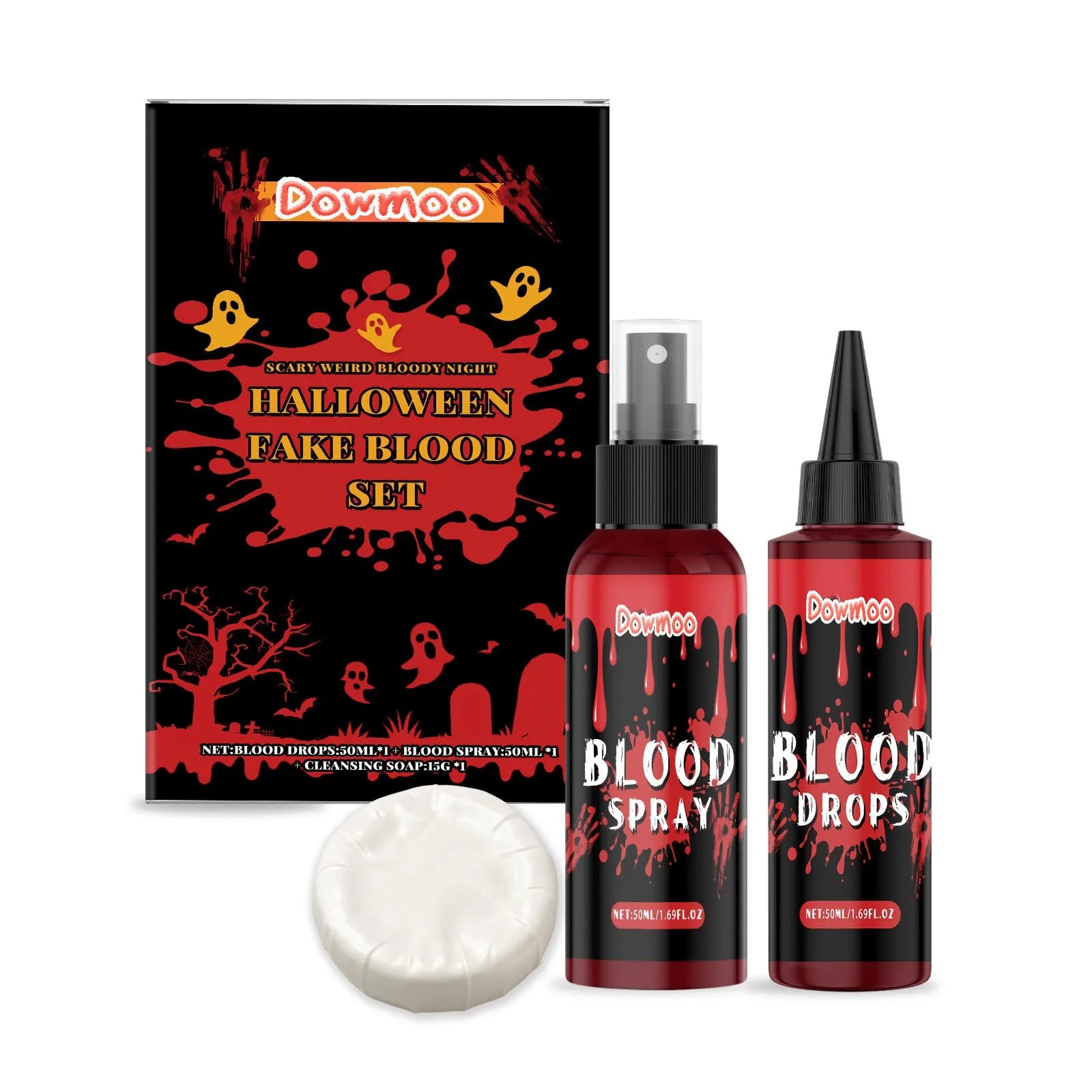 3-piece washable fake blood makeup set with plasma drops, spray, and surface soap for Halloween horror effects