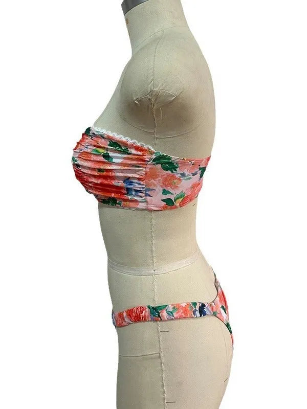 Printed tube top bikini with lace trim and floral pattern in European swimwear style