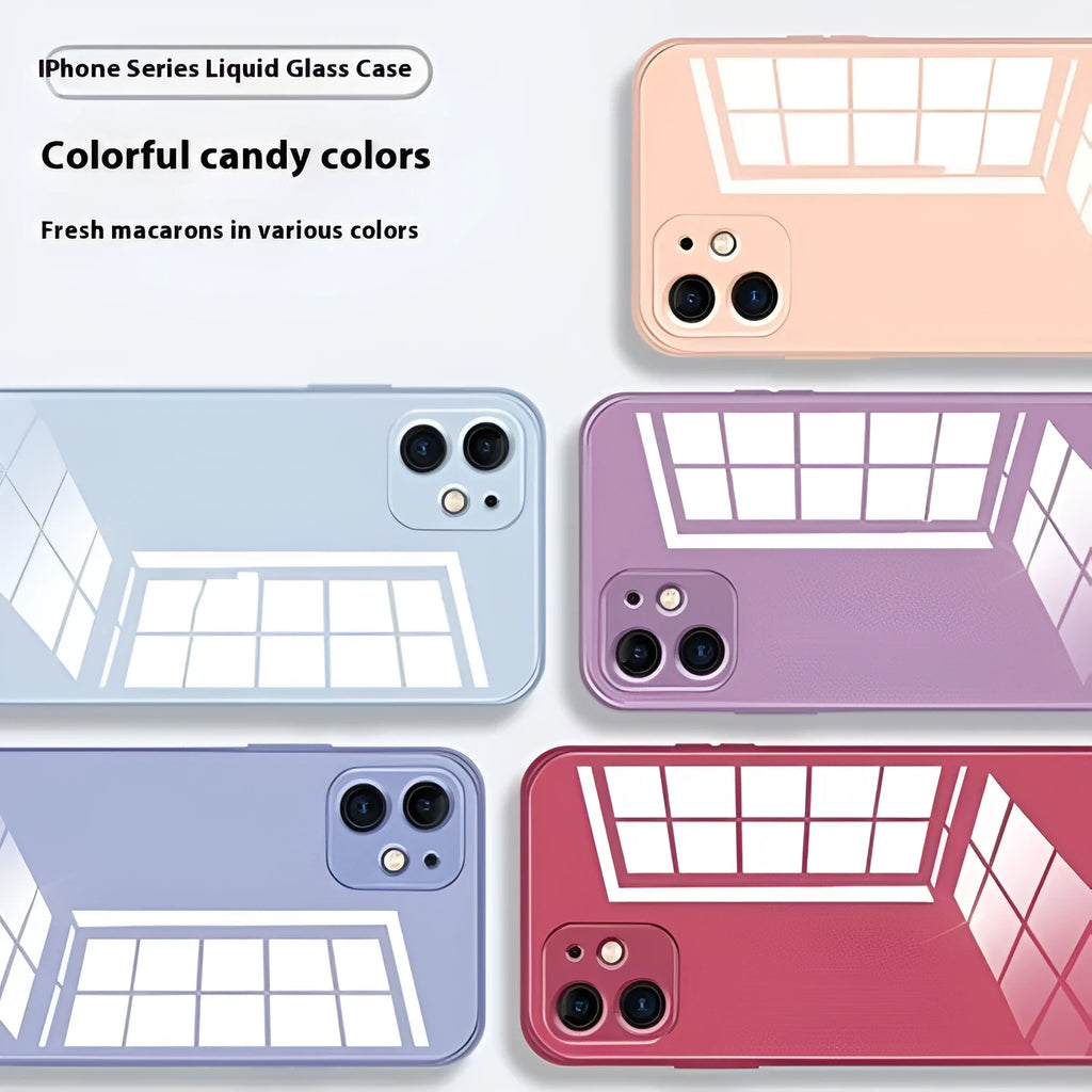 Liquid silicone glass phone case with embossed back cover in black for iPhone