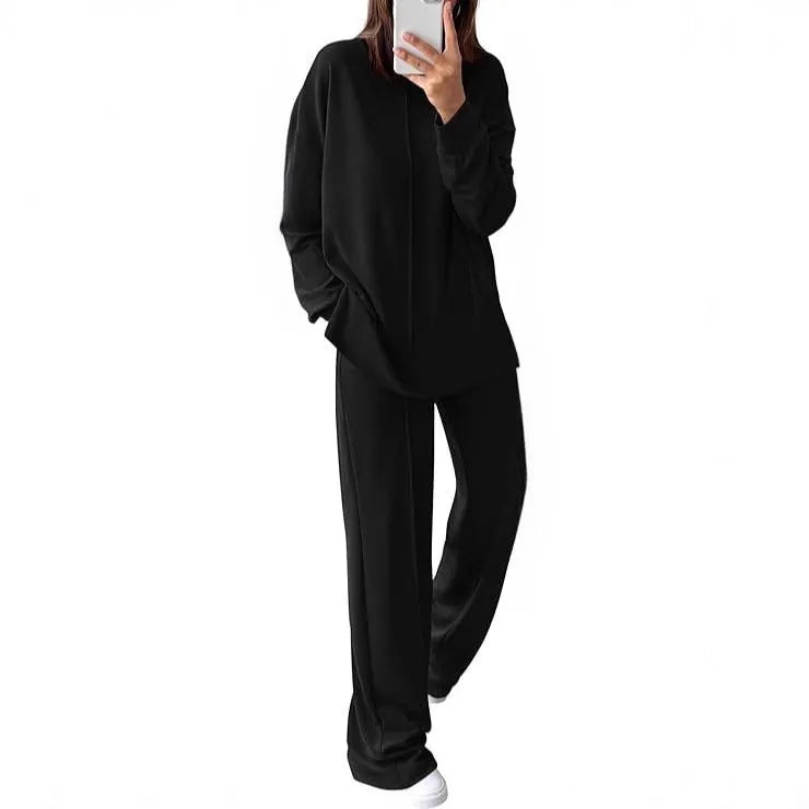 Women's army green long-sleeve polyester jogging suit, a two-piece top and trousers set for lounge wear.