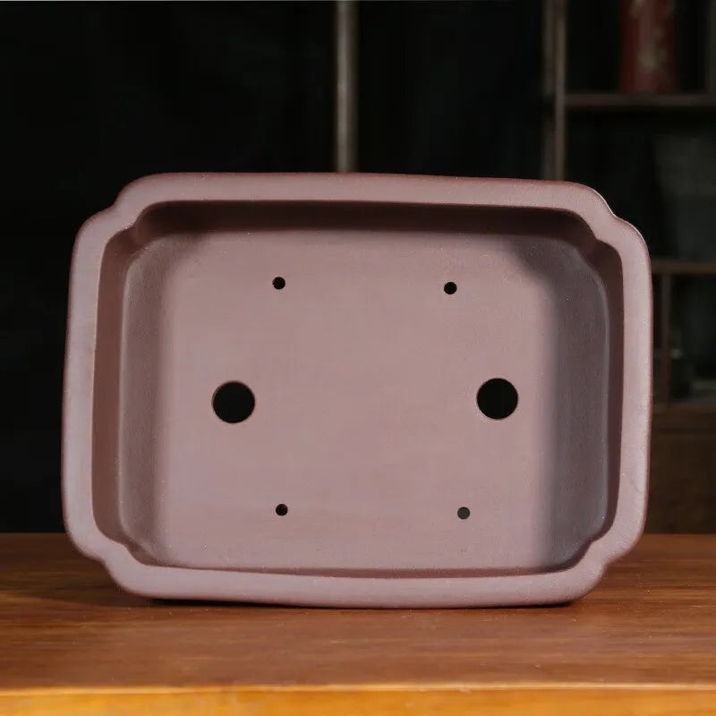Rectangular antique-style purple sand flowerpot for bonsai, shown on a floor.