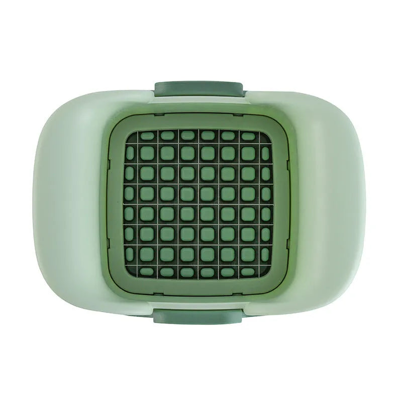 Green manual vegetable chopper for slicing onions, potatoes, radishes, and cucumbers with hand pressure operation