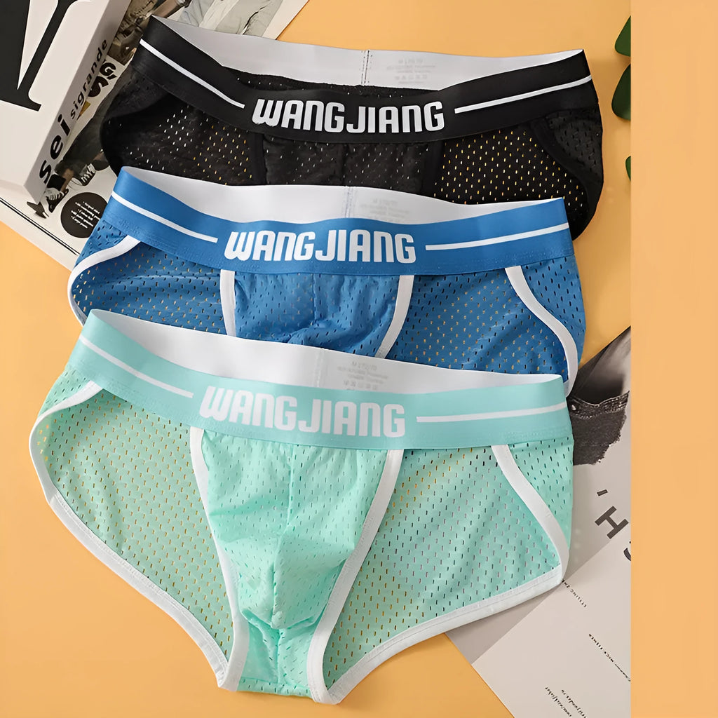 Men's mesh breathable triangle underwear in Ice Silk fabric showing quick-drying sports design in multiple colour options