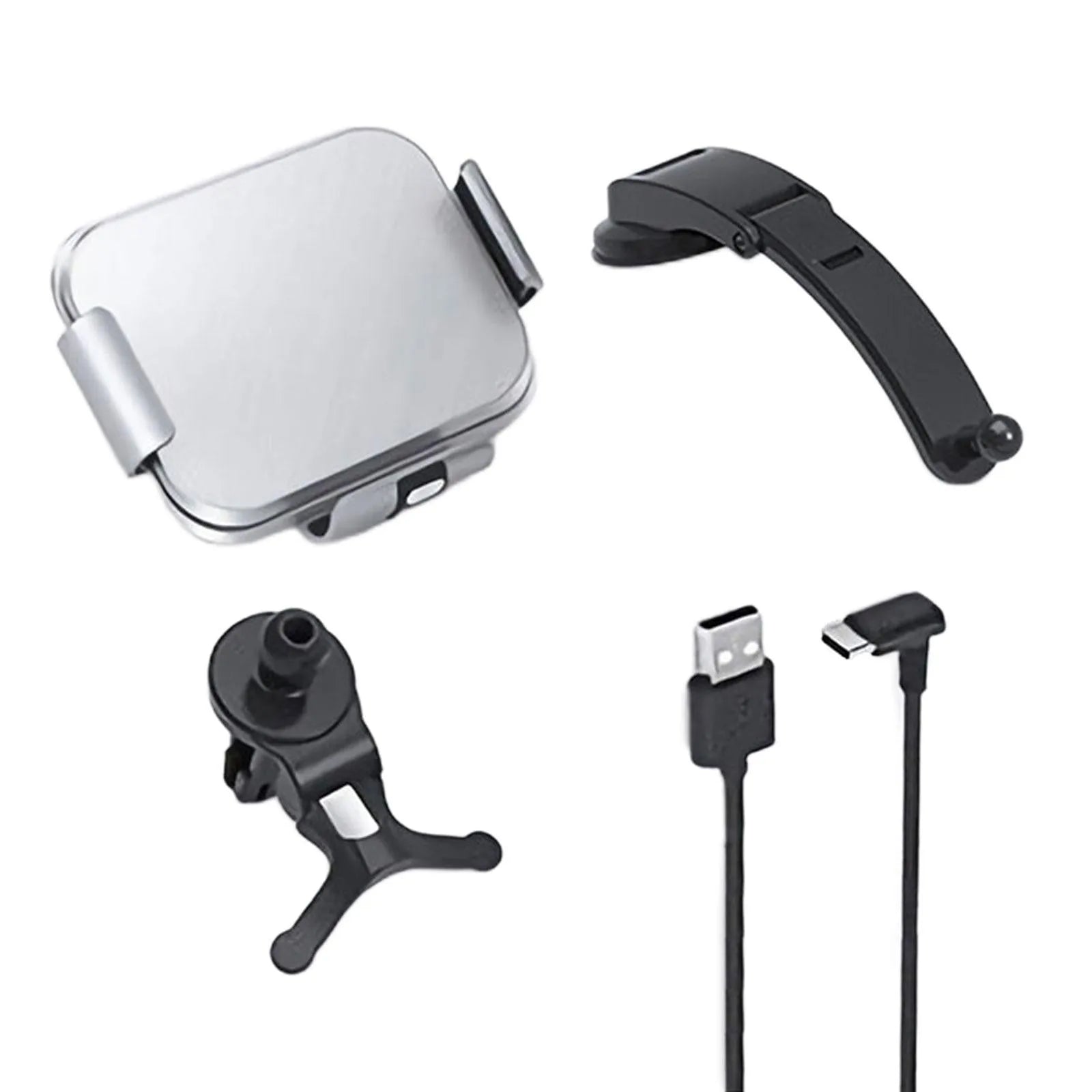 Grey folding wireless charging phone holder for car with air conditioner clip and suction cup bracket on a dashboard.