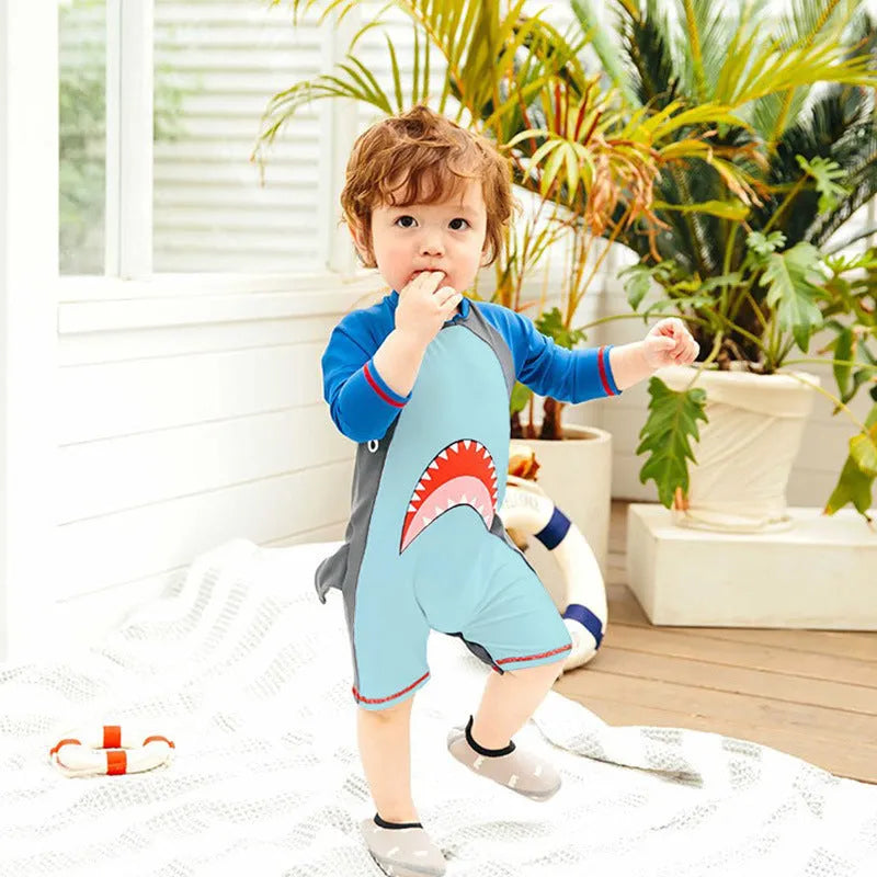 Blue boys one-piece swimsuit with cartoon pattern, polyester high elasticity fabric, Asian sizes S to XL