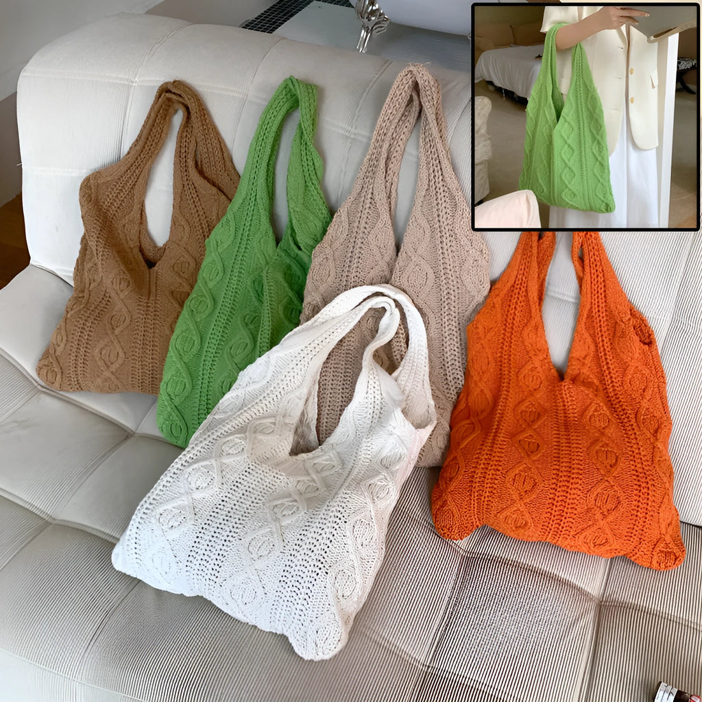 Retro hollow-knitted crochet shoulder tote bag in a solid colour with a double strap.