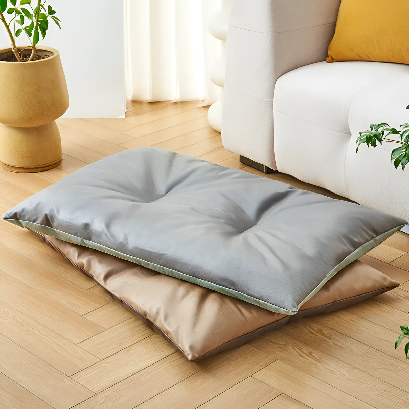 Blue coffee coloured nest style summer pet bed for dogs and cats shown in small medium large extra large sizes