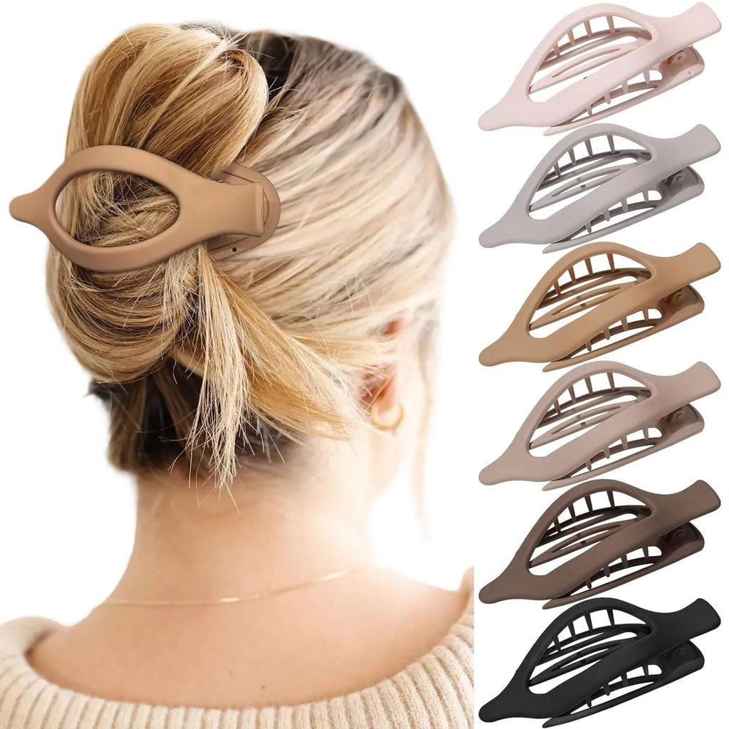 Six nude colour pointed toe hair clips with quadrilateral design and frosted plastic grips