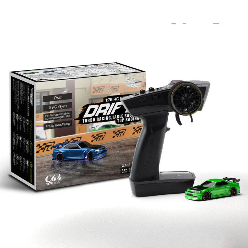 Blue and green Turbo Racing C64 remote control drift cars with handle-style remote controllers
