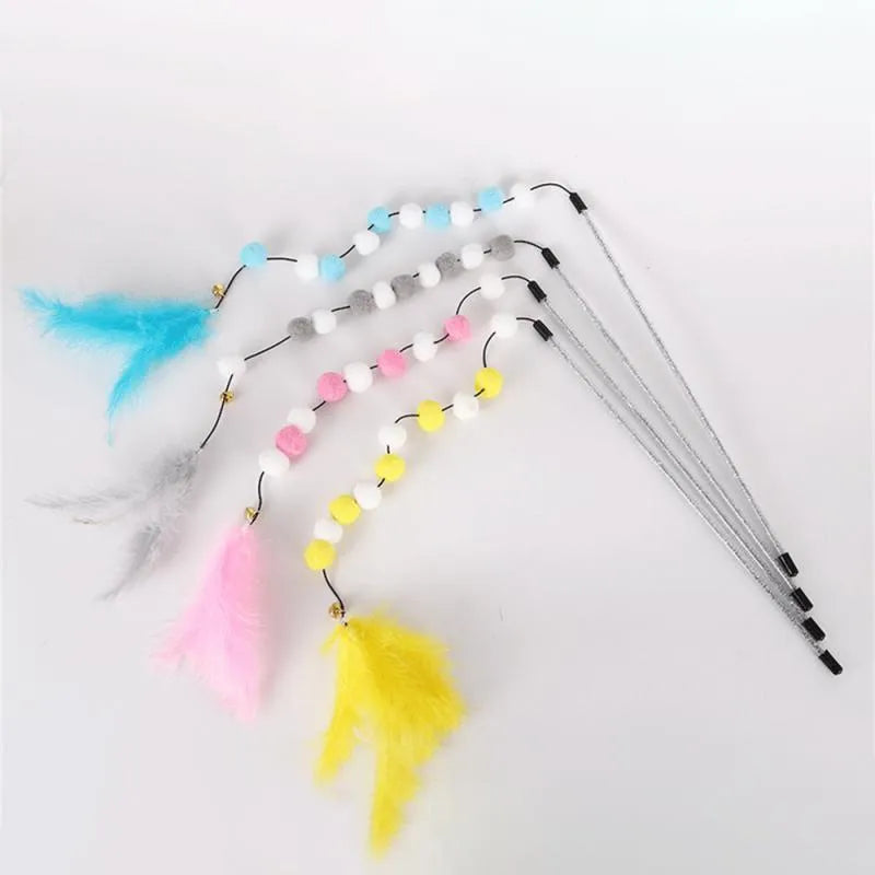 31cm cat teaser rod with bell and coloured pompon feather toys for interactive play