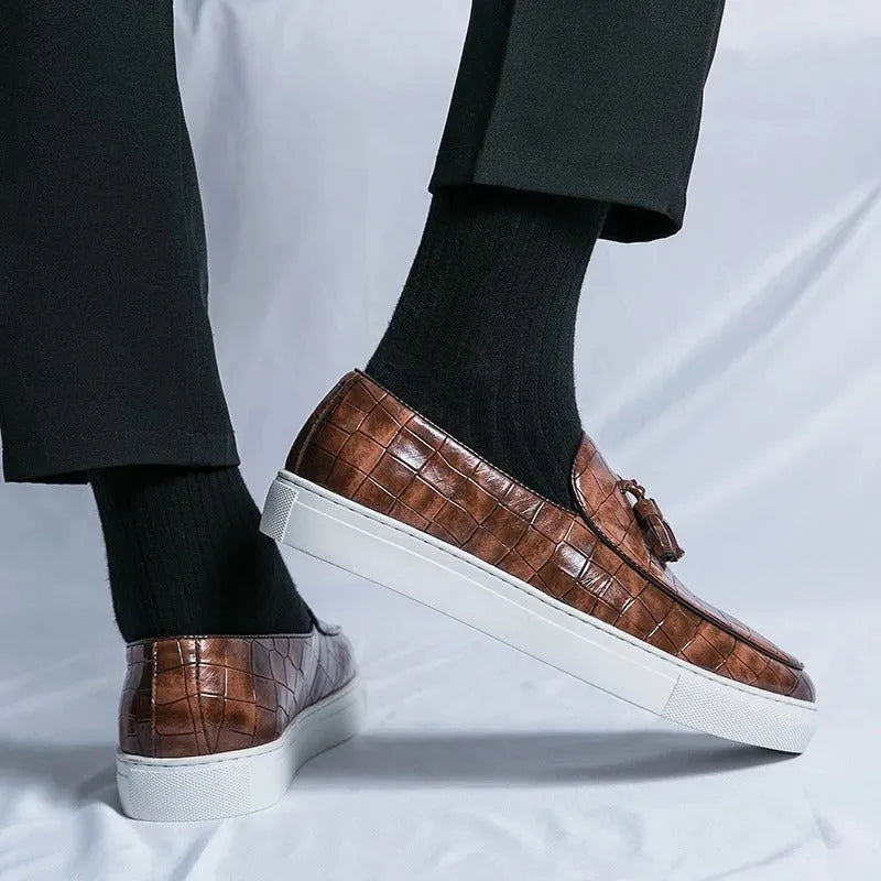 Men's plus size black business casual sneakers with tassel design on artificial PU leather upper