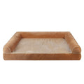 A square blue cloth dog bed with a sponge interior, shown next to size and colour options.
