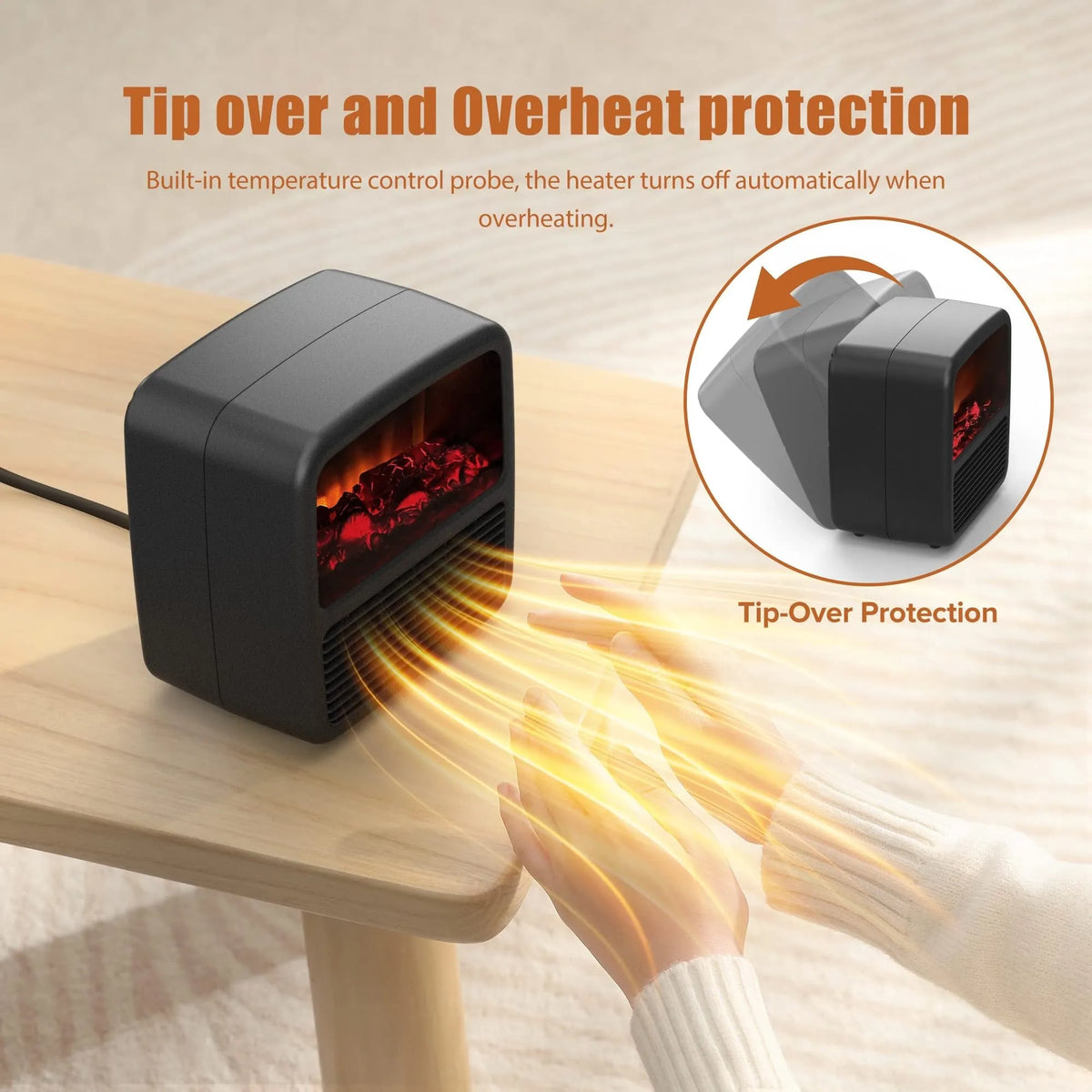 Black or white desktop electric space heater, 220x220x150mm, with ceramic heating, 1000-1500W power, and LED flame effect.