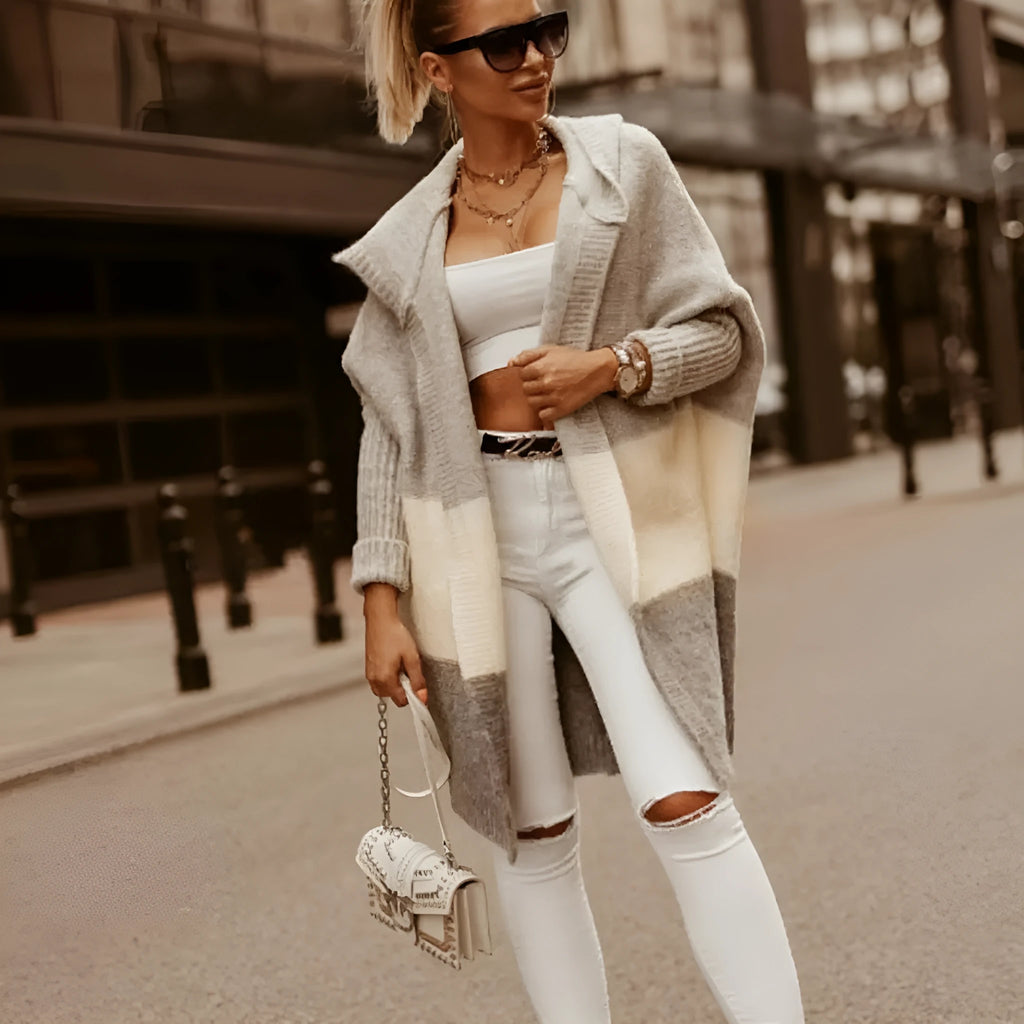 Women's hooded knit cardigan coat in pink or grey with colour matching pattern, long sleeves, loose fit, 65cm length