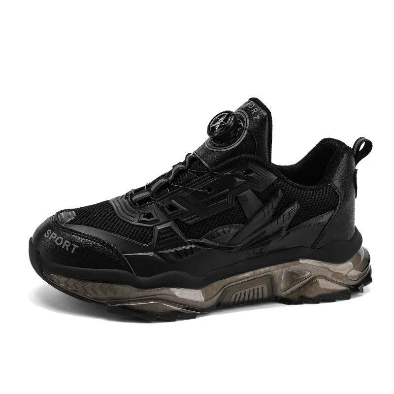 Men's black casual shoes with rotating button fastening and a low platform sole.