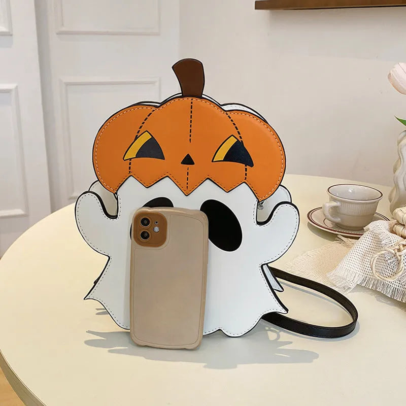 Halloween White PU crossbody shoulder bag with 3D cartoon pumpkin and ghost design for women