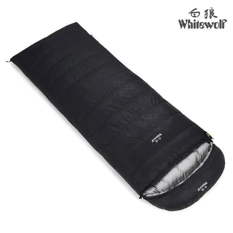 Black outdoor sleeping bag with envelope design, filled with white goose down for camping.