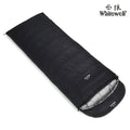Black outdoor sleeping bag with envelope design, filled with white goose down for camping.