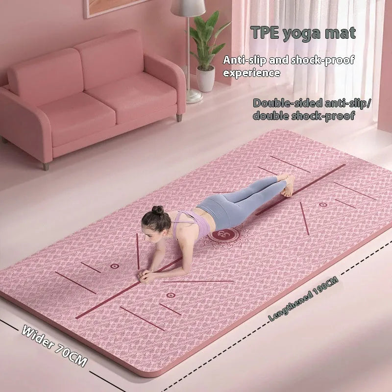 Monet pink TPE fitness mat with printed guide lines, shown rolled and unrolled on a floor.