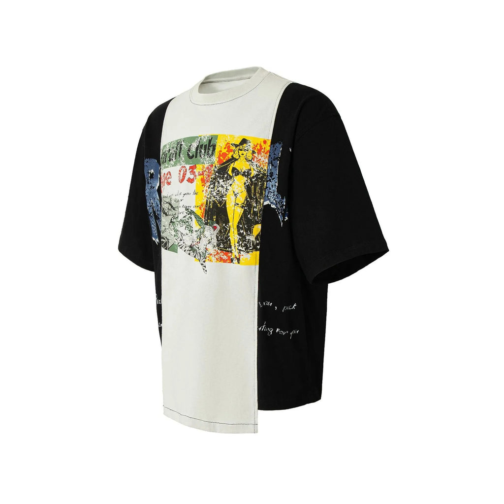Men's black and white deconstruction print cotton blend t-shirt with loose fit and short sleeves
